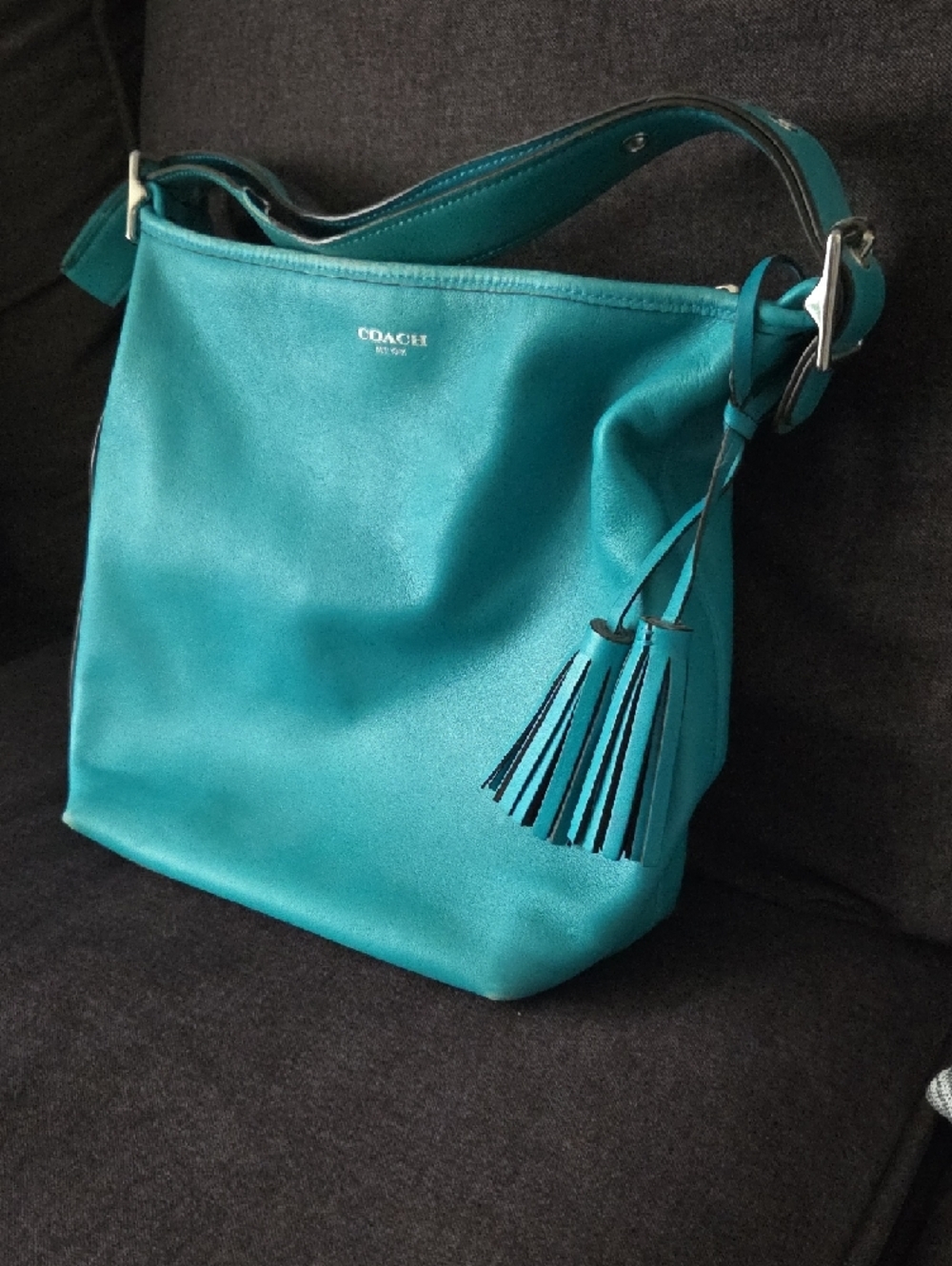 Coach Teal Leather Shoulder Hobo With Tassel - Picture 2 of 8